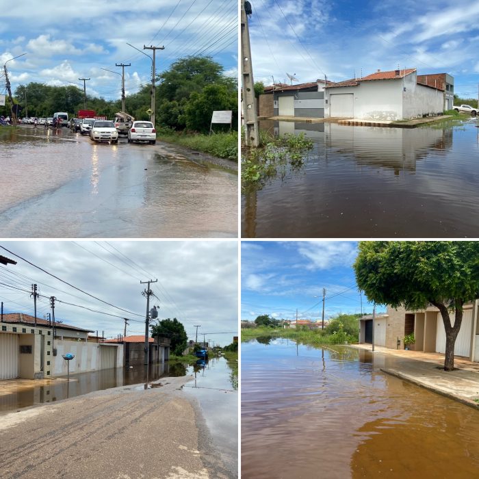 Após forte chuva, ruas ficam alagadas e casas ilhadas no bairro Ipueiras
