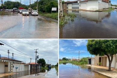 Após forte chuva, ruas ficam alagadas e casas ilhadas no bairro Ipueiras