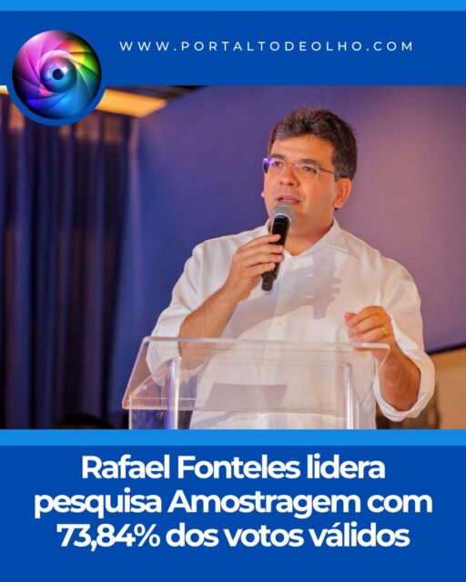 Levantamento realizado pelo Instituto Amostragem mostra Rafael Fonteles (PT) na liderança da corrida pelo Governo do Piauí. Considerando apenas os votos válidos, o candidato aparece com 73,84% das intenções, enquanto Joel Rodrigues (Progressistas) registra 19,21%.

Os números representam uma vantagem de 54,63 pontos percentuais para Rafael. Nesse cenário, o governador ultrapassa o percentual de 50% dos votos válidos considerado para uma eventual vitória ainda no primeiro turno.

Na pesquisa estimulada, que inclui o conjunto dos entrevistados, Rafael Fonteles aparece com 58,84% das intenções de voto, diante de 15,30% de Joel Rodrigues.

O levantamento também apresenta vantagem de Rafael na modalidade espontânea, quando os nomes dos candidatos não são apresentados aos entrevistados. Nesse cenário, ele registra 32,72%, contra 9,41% de Joel Rodrigues.

Entre os demais candidatos, Lourdes Melo aparece com 1,43% dos votos válidos. Elizeu Aguiar, Geraldo Carvalho e Gisvaldo Oliveira têm 0,99% cada. Ravenna Castro registra 0,88%, Francisco Jurity, 0,66%, Santiago Belizário, 0,55%, e Lúcia Santos, 0,44%.

A pesquisa ouviu 1.137 eleitores entre os dias 8 e 12 de agosto. A margem de erro é de 2,85 pontos percentuais, com nível de confiança de 95%. O levantamento foi contratado pelo Sistema Timon de Radiodifusão Ltda./TV Meio Norte e está registrado no Tribunal Superior Eleitoral (TSE) sob o número PI-02188/2026.

Acesse: www.portaltodeolho.com
Siga: @portaltodeolho