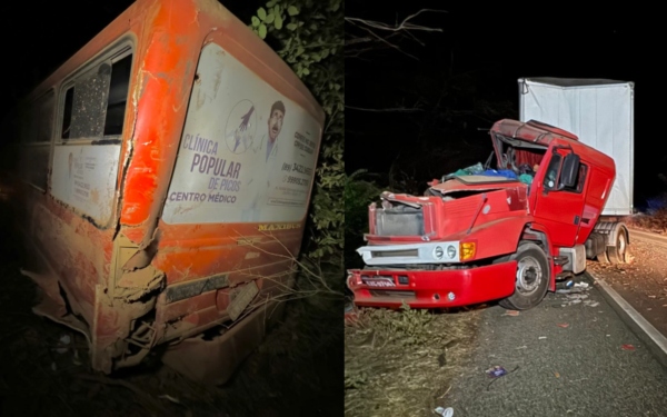 Mulher fica ferida em colisão entre carreta e micro-ônibus na BR-407 em Geminiano