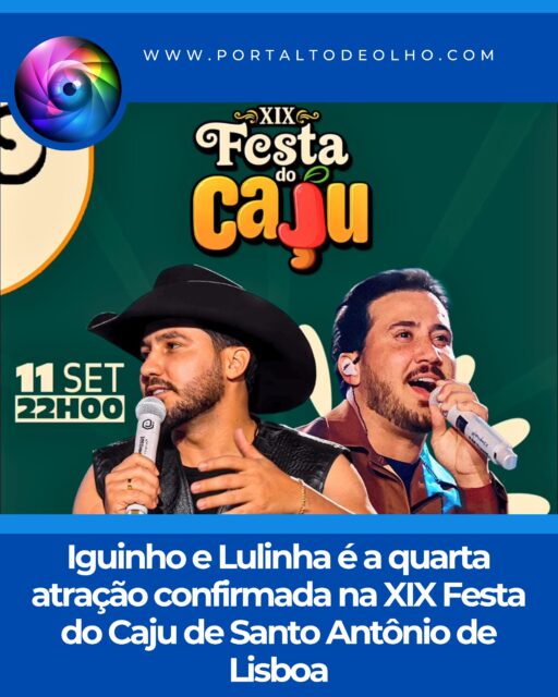 O prefeito de Santo Antônio de Lisboa, Erivaldo Lopes, anunciou na manhã desta segunda-feira (17) mais uma grande atração para a XIX Festa do Caju. A dupla de forró Iguinho e Lulinha foi confirmada para integrar a programação do tradicional evento do município. 

Com o anúncio, Iguinho e Lulinha se tornam a quarta atração nacional confirmada para a festa. O gestor já havia divulgado os shows de Xand Avião, Mari Fernandez e Zé Vaqueiro.

A XIX Festa do Caju será realizada nos dias 4, 5, 6, 7, 11 e 12 de setembro, reunindo moradores e visitantes em uma programação que promete movimentar Santo Antônio de Lisboa.

A festa é um dos principais eventos do calendário do município e tem como objetivo celebrar a cultura e a importância econômica do caju, fruta que possui papel fundamental na geração de renda para diversas famílias da região.

Com quatro grandes nomes já confirmados, a expectativa é de que novas atrações e detalhes da programação sejam divulgados pela Prefeitura nos próximos dias.

Siga: @portaltodeolho
